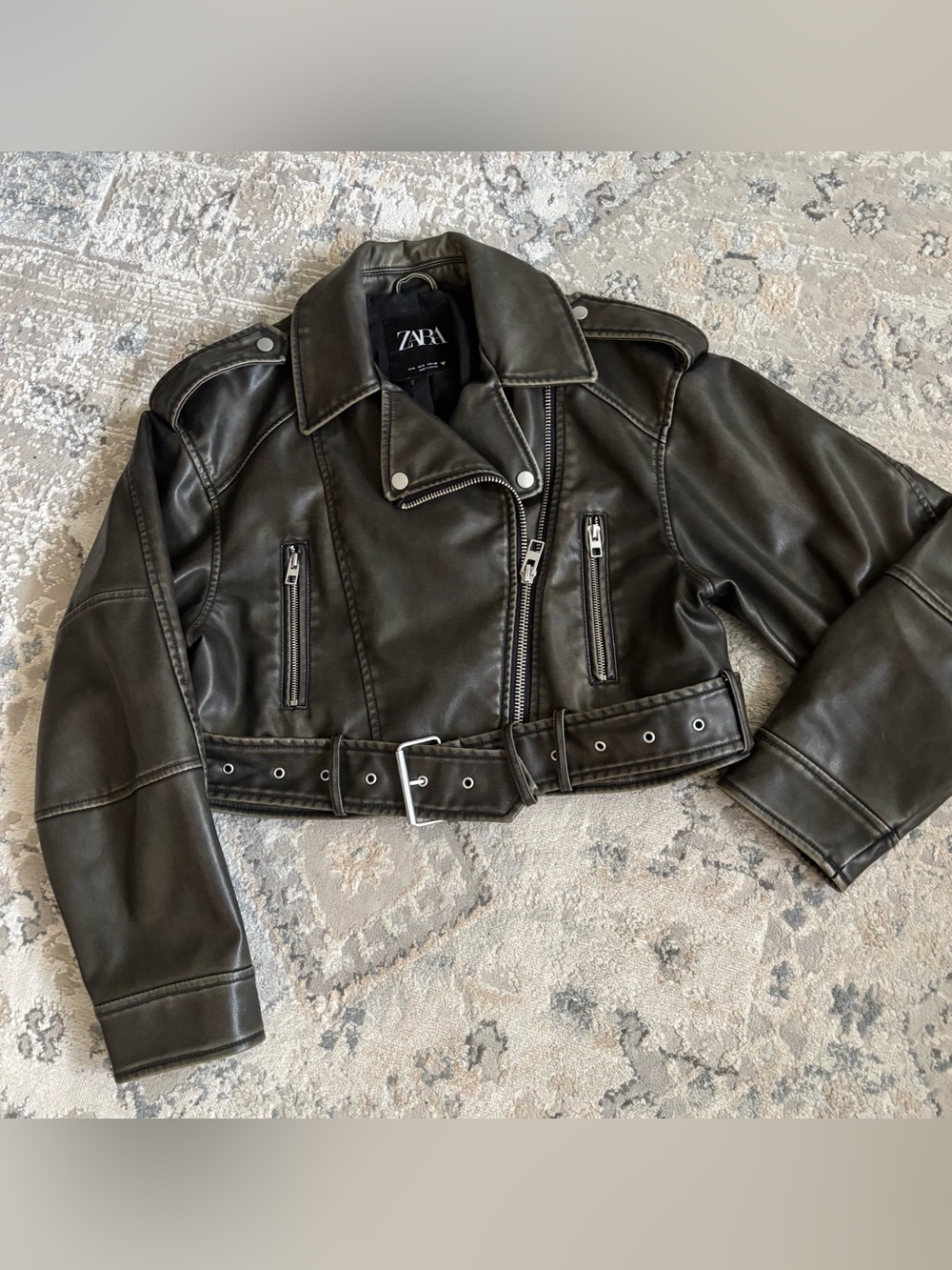 Zara Olive Brown Cropped Faux Leather Biker Jacket